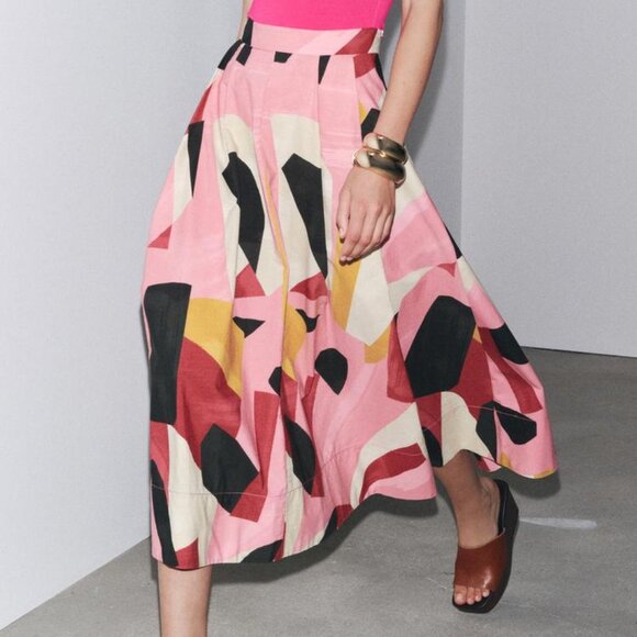 Zara Woman ZW Collection Printed Midi Skirt – Organic Cotton Size L NWT